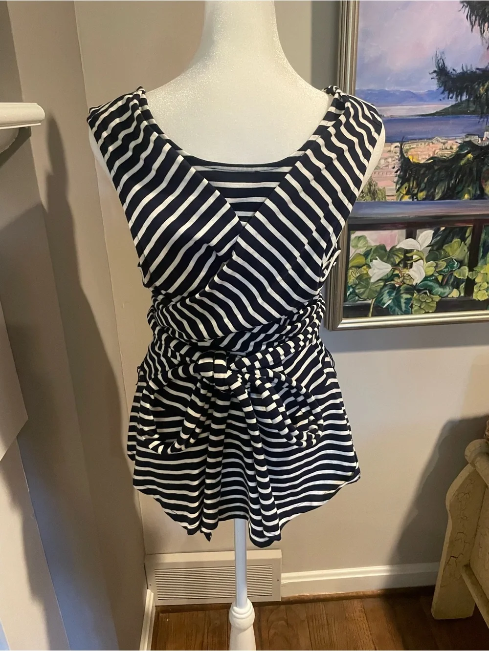 J. Crew Navy and White Striped V-Neck Peplum Tunic. Fabulous! Adjustable.